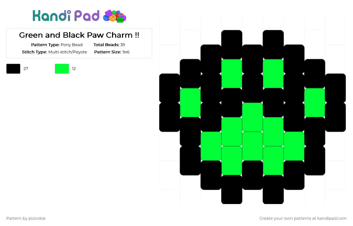 Green and Black Paw Charm !! - Pony Bead Pattern by pizookie on Kandi Pad - black,green,scene,scenecore,scene kid,emo,cotdanimalshelter,animals,love,furry