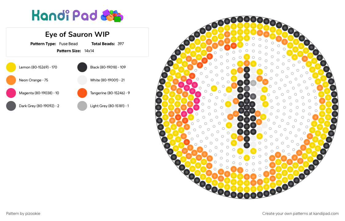 Eye of Sauron WIP - Fuse Bead Pattern by pizookie on Kandi Pad - book, books, cotdadventurenovels, eye, lord of the rings, lotr, novels, stories