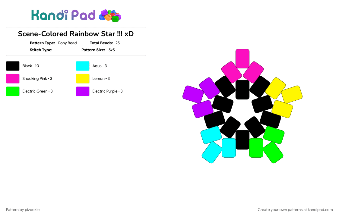 Scene-Colored Rainbow Star !!! xD - Pony Bead Pattern by pizookie on Kandi Pad - colorful, emo, green, neon, pink, rainbow, scene, scene kid, scenecore, stars