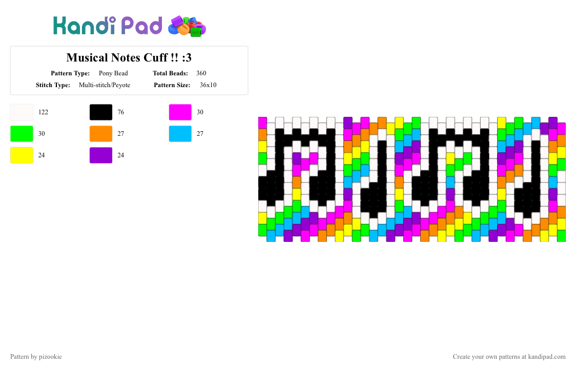 Musical Notes Cuff !! :3 - Pony Bead Pattern by pizookie on Kandi Pad - white,orange,light blue,colorful,cotdrhythm,rhythm,music,rainbow,musical notes,multistitch,musical