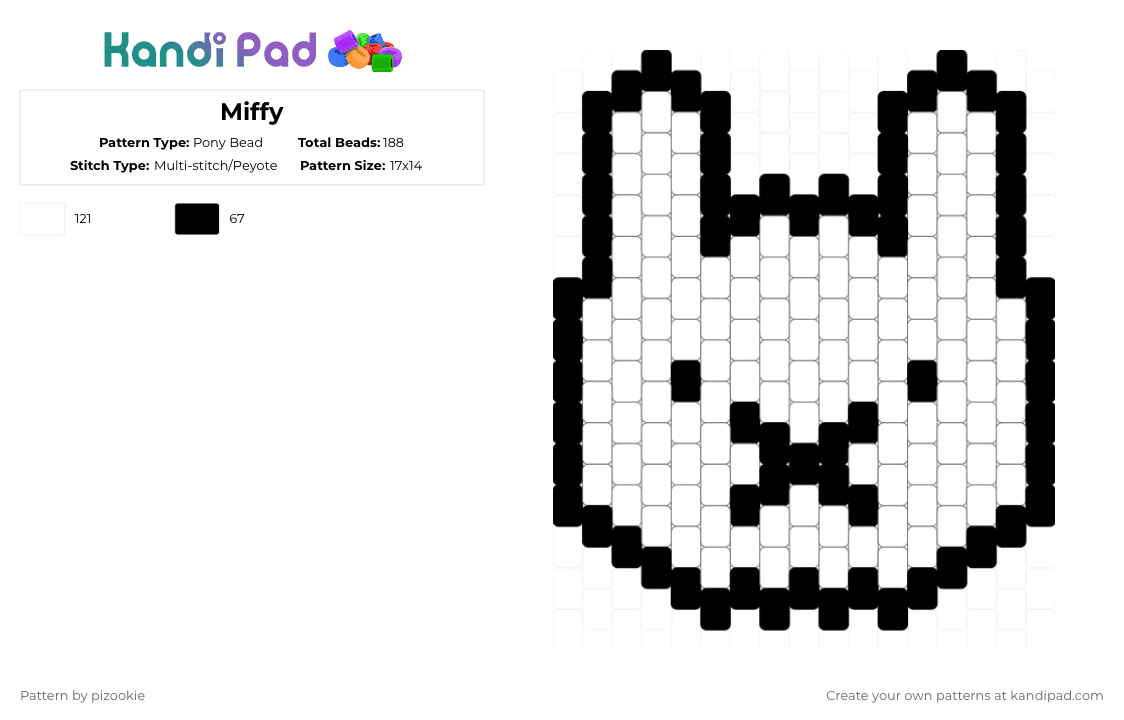 Miffy - Pony Bead Pattern by pizookie on Kandi Pad - black,white,bunny,cute,kawaii,miffy,rabbit,charm