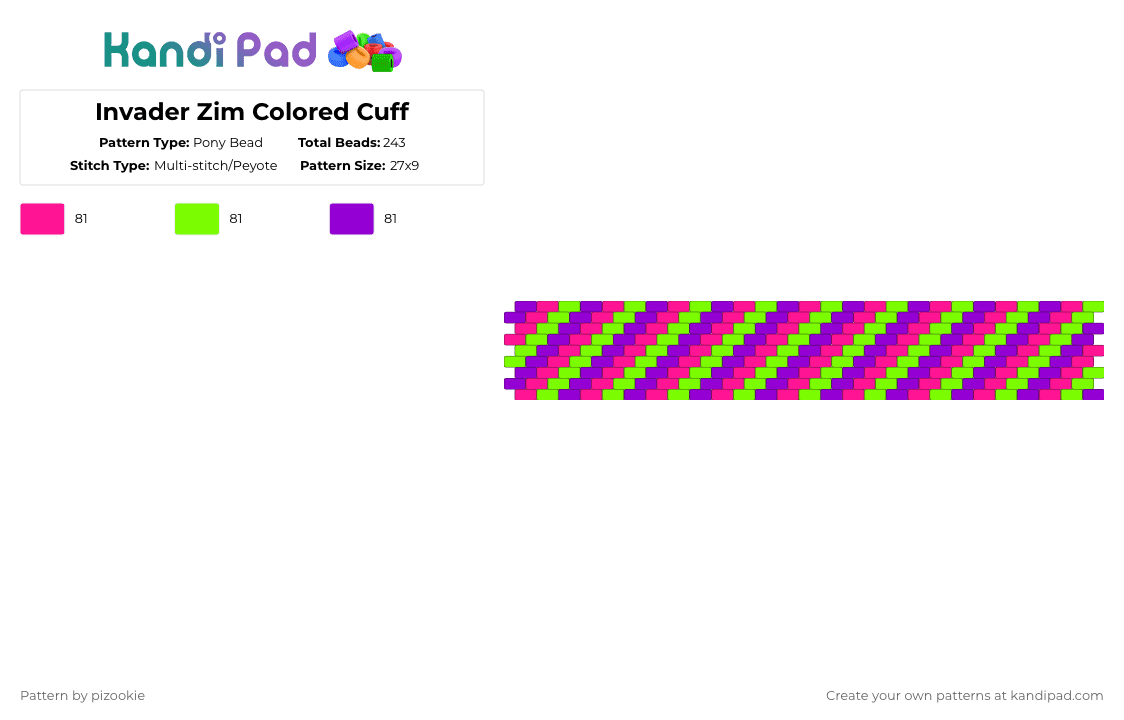 Invader Zim Colored Cuff - Pony Bead Pattern by pizookie on Kandi Pad - pink,green,purple,invader zim,peyote,cuff,scene,emo