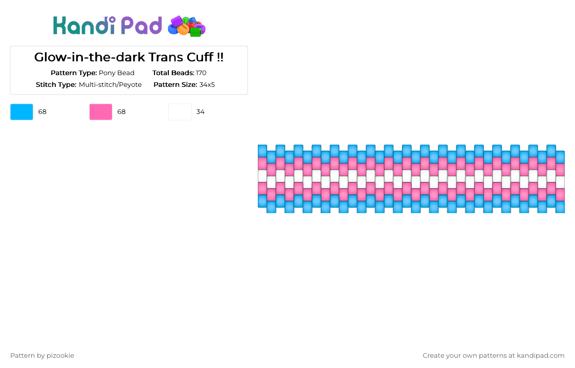Glow-in-the-dark Trans Cuff !! - Pony Bead Pattern by pizookie on Kandi Pad - light blue,pink,trans,transgender,glow,glow in the dark,pride,lgbt,lgbtq,multistitch