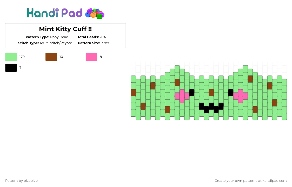 Mint Kitty Cuff !! - Pony Bead Pattern by pizookie on Kandi Pad - teal,cotdicecream,mint,mint chocolate chip,ice cream,green,kitty,cat,cute