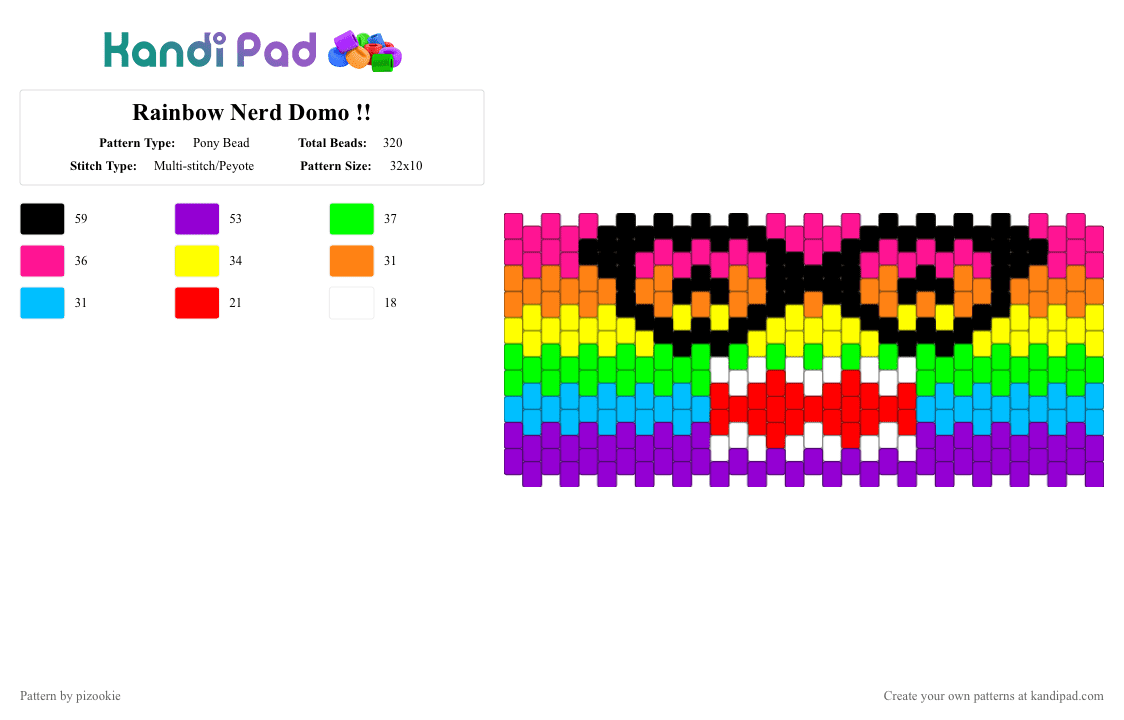 Rainbow Nerd Domo !! - Pony Bead Pattern by pizookie on Kandi Pad - pink,yellow,green,purple,domo,rainbow,scene,scene kid,scenecore,emo,nerd,cute