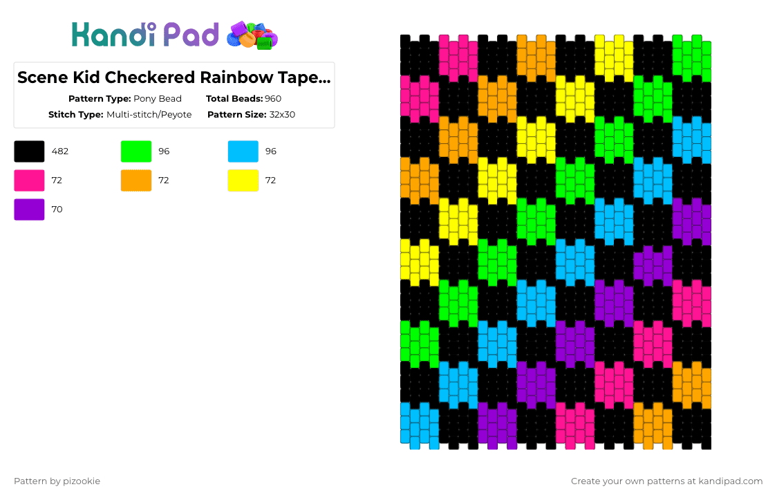 Scene Kid Checkered Rainbow Tapestry - Pony Bead Pattern by pizookie on Kandi Pad - black,green,light blue,scene kid,scene,emo,checkered,rainbow,tapestry,scenecore
