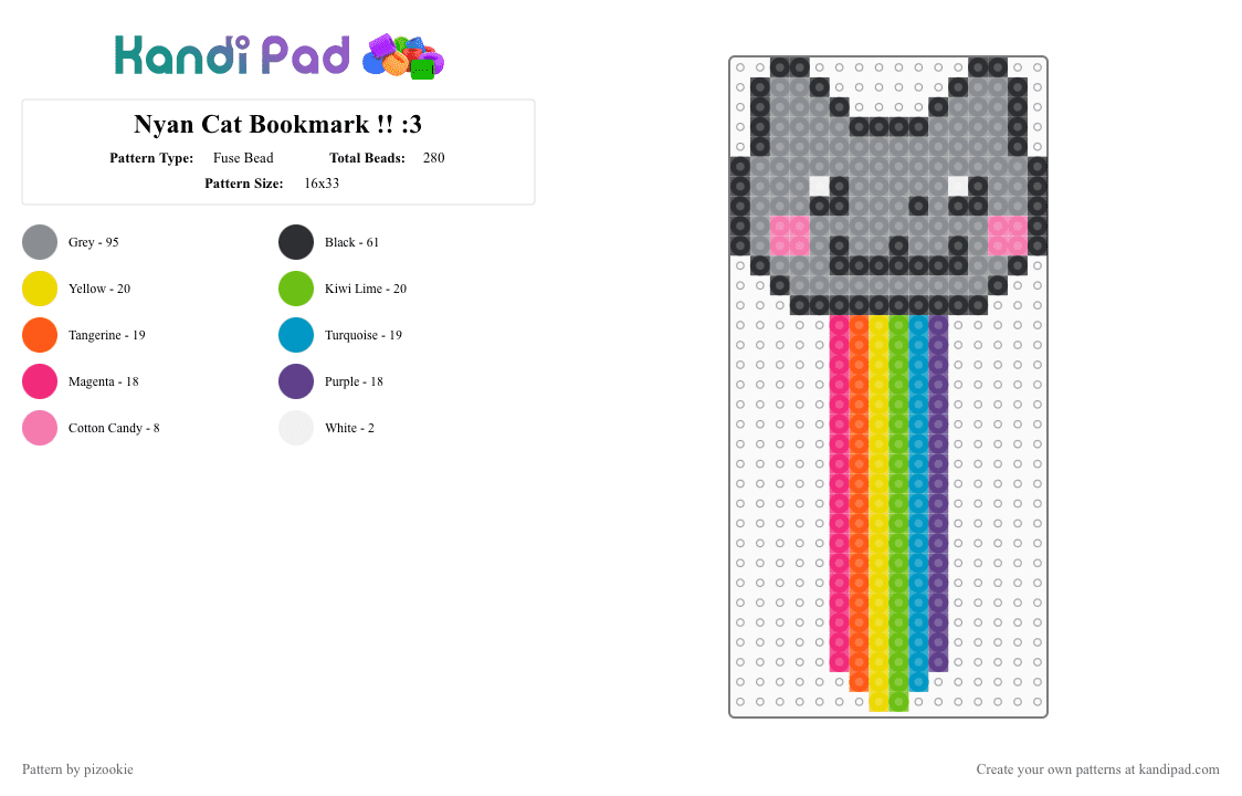 Nyan Cat Bookmark !! :3 - Fuse Bead Pattern by pizookie on Kandi Pad - gray,cotdlibraries,nyan cat,memes,rainbow,scene,scenecore,scene kid,emo