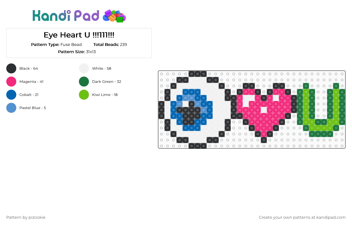 Eye Heart U !!!111!!! - Fuse Bead Pattern by pizookie on Kandi Pad - pink,green,spooky,scene,scenecore,emo,scene kid,love,halloween,cute