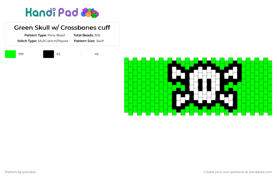 Green Skull w/ Crossbones cuff - Pony Bead Pattern by pizookie on Kandi Pad - green,multistitch,skull,scene,scene kid,scenecore,emo,white