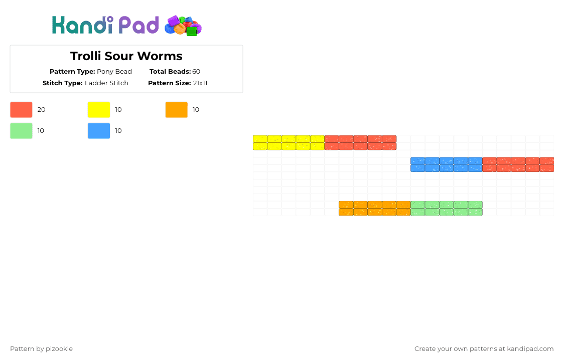 Trolli Sour Worms - Pony Bead Pattern by pizookie on Kandi Pad - red,cotdsour,sour,gummy,worms,ladder stitch,rainbow,candy,trolli