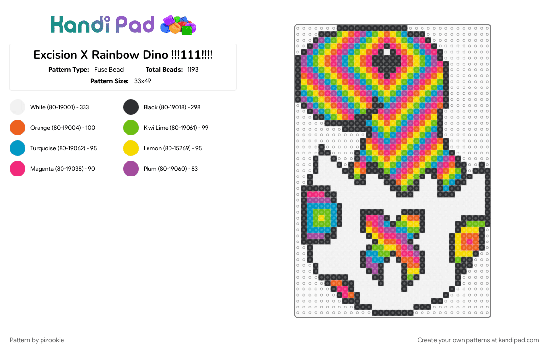 Excision X Rainbow Dino !!!111!!!! - Fuse Bead Pattern by pizookie on Kandi Pad - colorful, cotdedm, cute, dinosaur, dj, edm, pink, rave, trippy