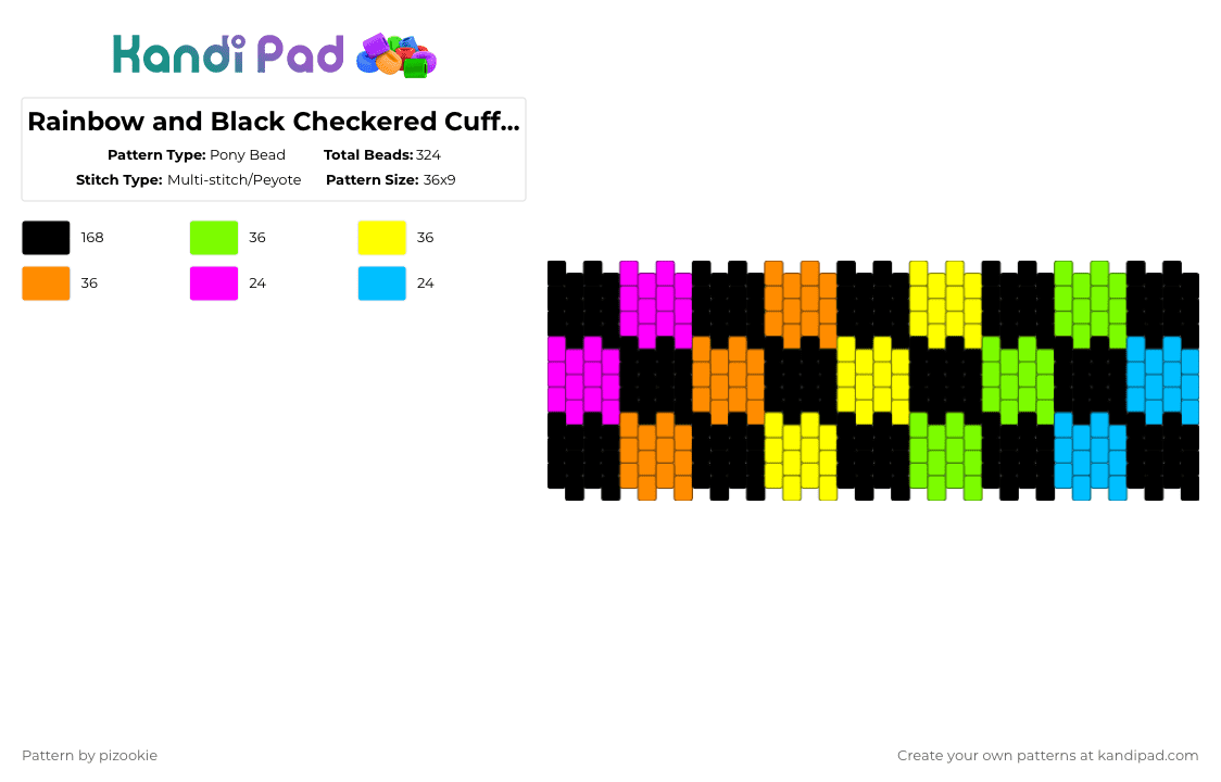 Rainbow and Black Checkered Cuff (Multistitch) - Pony Bead Pattern by pizookie on Kandi Pad - black,green,yellow,orange,multistitch,rainbow,scene,scenecore,scene kid,checkered,emo