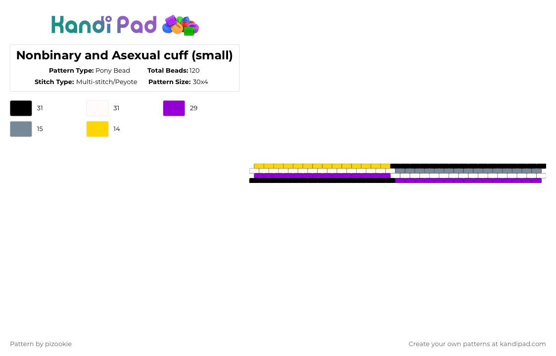 Nonbinary and Asexual cuff (small) - Pony Bead Pattern by pizookie on Kandi Pad - purple,peyote,cuff,nonbinary,asexual,pride,flags,small