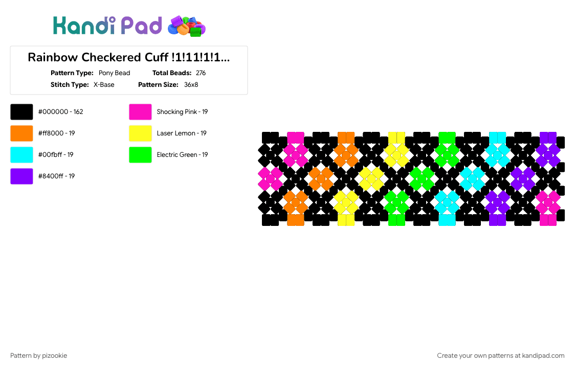 Rainbow Checkered Cuff !1!11!1!1!1!1!1!1!! xD - Pony Bead Pattern by pizookie on Kandi Pad - black, colorful, cotdabstractpatterns, emo, light blue, neon, orange, purple, rainbow, scene, scene kid, scenecore
