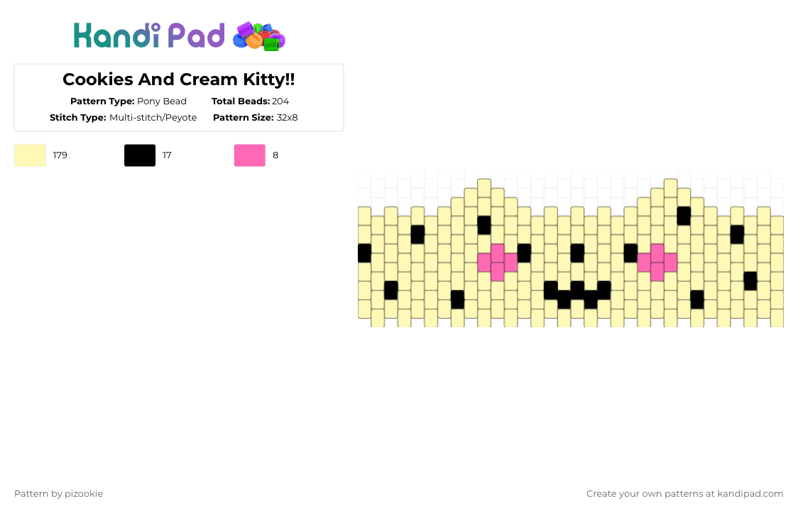 Cookies And Cream Kitty!! - Pony Bead Pattern by pizookie on Kandi Pad - yellow,cotdicecream,ice cream,oreo,cookies and cream,cookies n cream,kitty,cat,cute