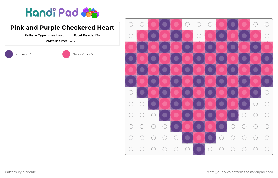 Pink and Purple Checkered Heart - Fuse Bead Pattern by pizookie on Kandi Pad - pink,purple,cotdhearts,heart,checkered,scene,emo,scene kid,scenecore,hearts