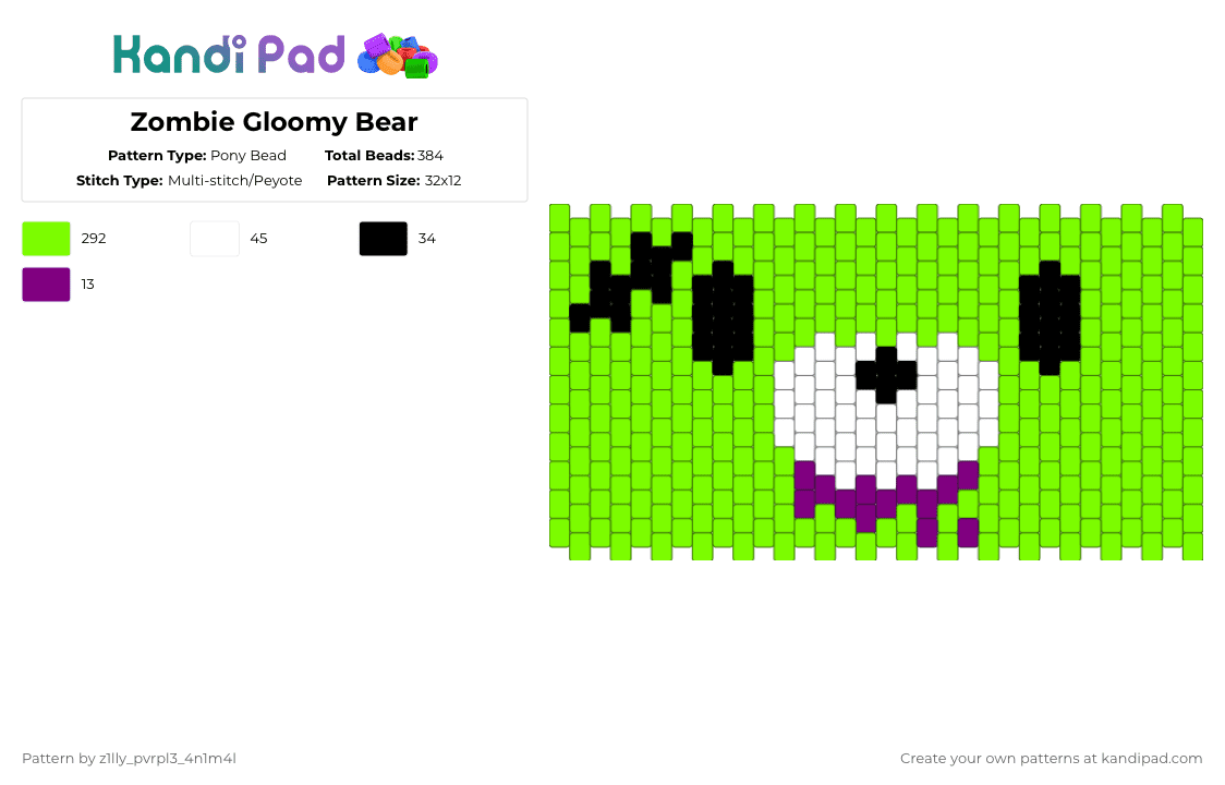 Zombie Gloomy Bear - Pony Bead Pattern by pizookie on Kandi Pad - green,gloomy bear,scene,scenemo,emo,scenecore
