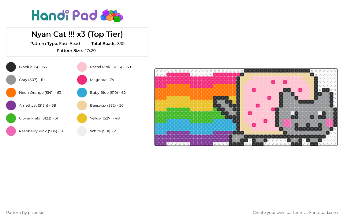 Nyan Cat !!! x3 (Top Tier) - Fuse Bead Pattern by pizookie on Kandi Pad - pink,gray,cat,memes,pop tart,rainbow,emo,scene,scenecore,scene kid