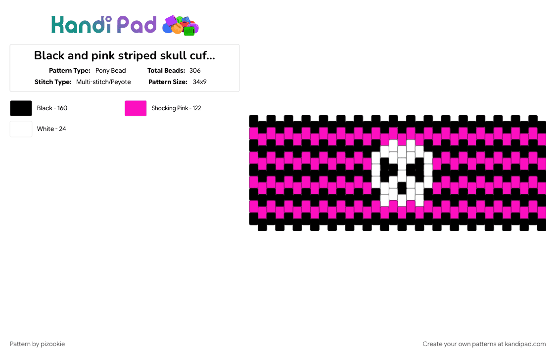 Black and pink striped skull cuff !!! - Pony Bead Pattern by pizookie on Kandi Pad - alt, creepy, emo, pink, scene, scene kid, scenecore, spooky