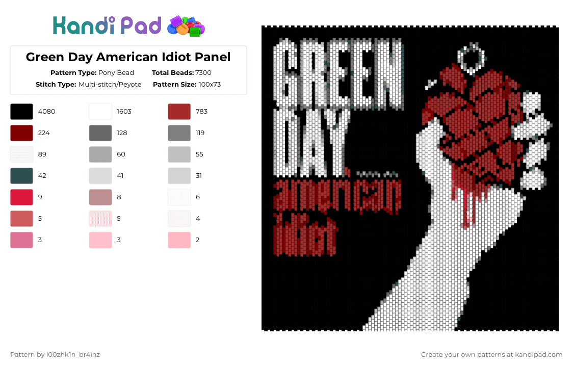 Green Day American Idiot Panel - Pony Bead Pattern by pizookie on Kandi Pad - album, alternative, american idiot, black, emo, gray, green day, music, red, scene, scenemo, white
