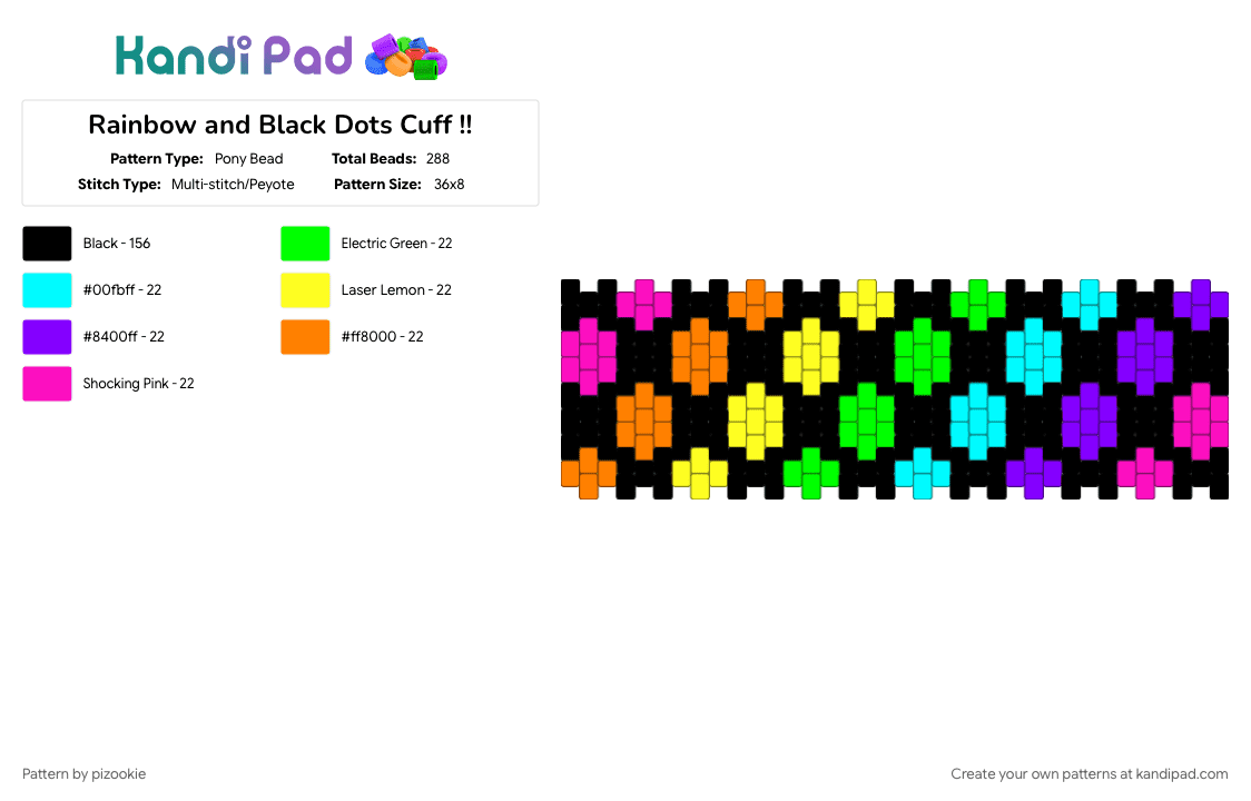Rainbow and Black Dots Cuff !! - Pony Bead Pattern by pizookie on Kandi Pad - black, colorful, cotddots, emo, light blue, neon, pink, purple, rainbow, scene, scene kid, scenecore