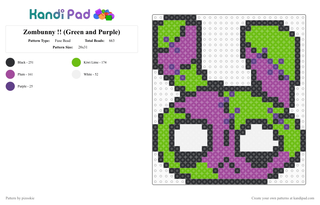 Zombunny !! (Green and Purple) - Fuse Bead Pattern by pizookie on Kandi Pad - green,pink,bunny,zombie,purple,emo,scenecore,scene kid,scene