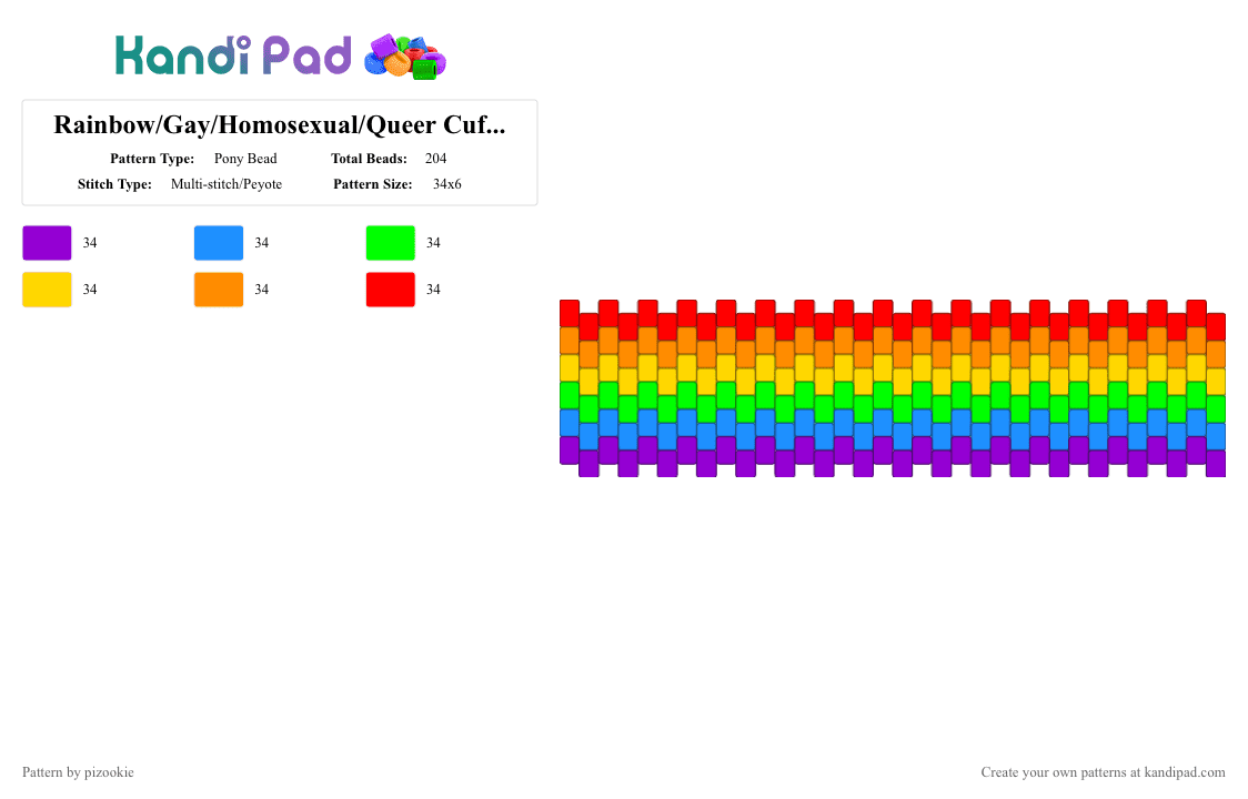 Rainbow/Gay/Homosexual/Queer Cuff !! - Pony Bead Pattern by pizookie on Kandi Pad - light blue,yellow,red,colorful,rainbow,lgbt,lgbtq,pride,gay,flags,queer,homosexual