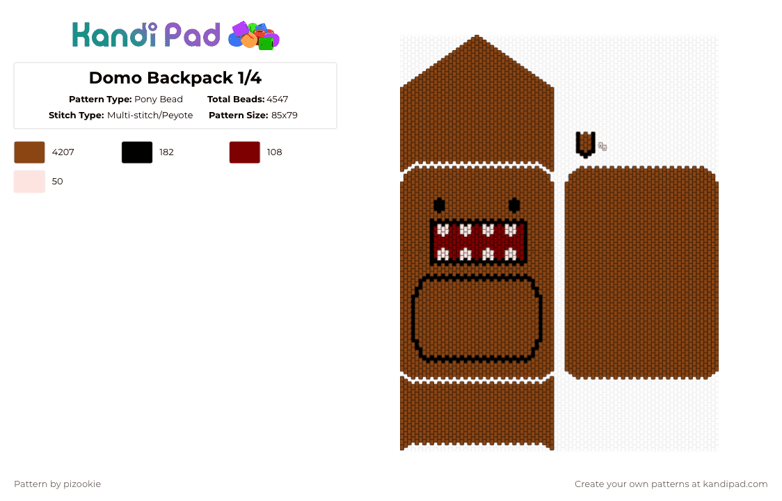 Domo Backpack 1/4 - Pony Bead Pattern by pizookie on Kandi Pad - red,domo,brown,backpack,bag,scene,emo,panel