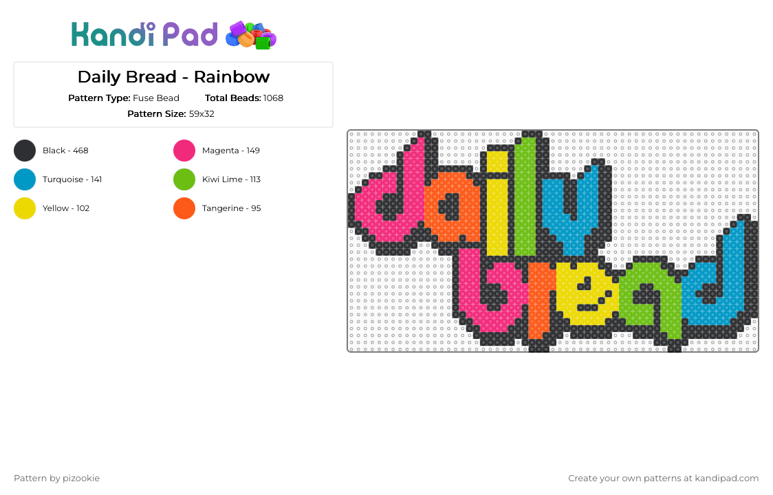 Daily Bread - Rainbow - Fuse Bead Pattern by pizookie on Kandi Pad - pink,green,light blue,rainbow,daily bread,dj,edm,music,black,retro,text