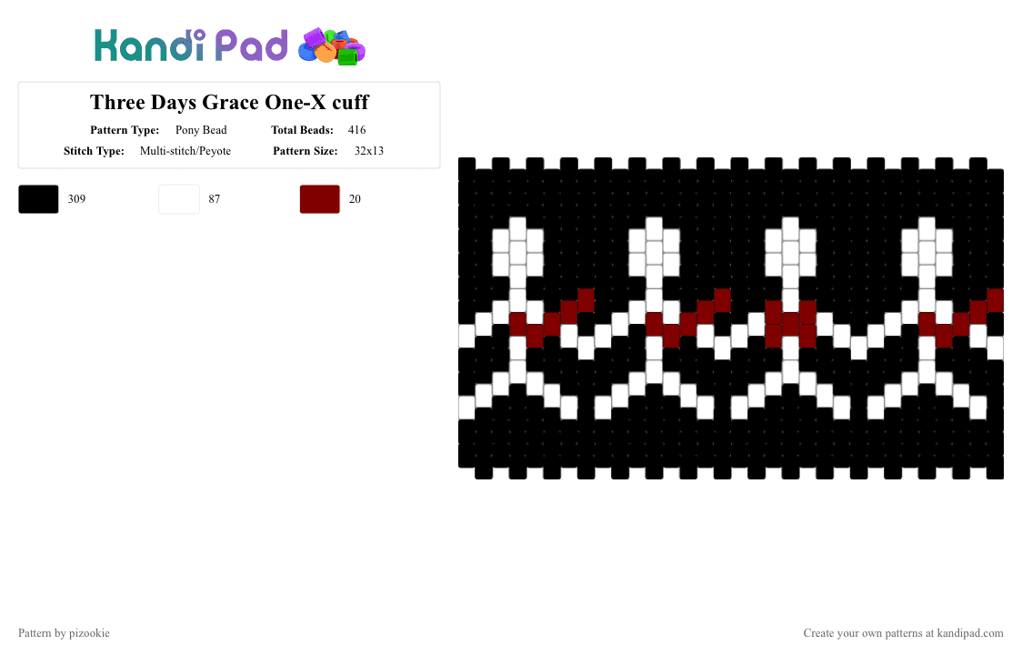 Three Days Grace One-X cuff - Pony Bead Pattern by pizookie on Kandi Pad - black,white,three days grace,onex,emo,multistitch,band,rock