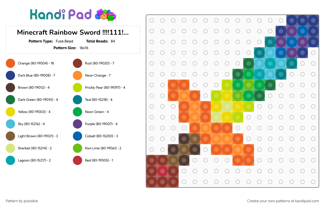 Minecraft Rainbow Sword !!!!111!!!! XDXDXDXDXD - Fuse Bead Pattern by pizookie on Kandi Pad - blue, colorful, cotdswords, green, minecraft, orange, rainbow, red, sword, swords, video game, video games