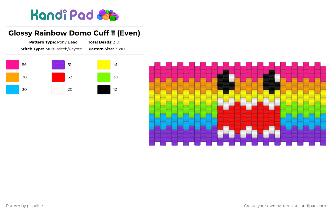 Glossy Rainbow Domo Cuff !! (Even) - Pony Bead Pattern by pizookie on Kandi Pad - pink,yellow,purple,orange,even,rainbow,domo,glossy,multistitch,scene,emo,cuff