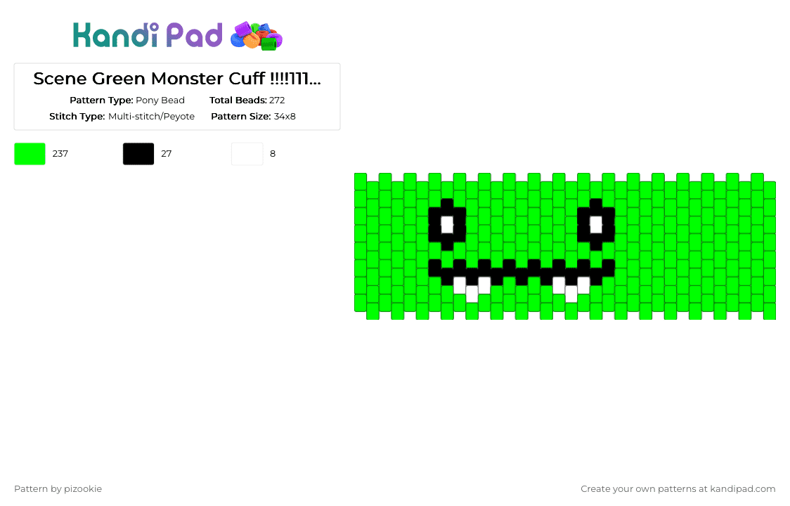 Scene Green Monster Cuff !!!!111!!!! - Pony Bead Pattern by pizookie on Kandi Pad - green,cotdmonsters,scene,scenecore,emo,scene kid,monsters,monster,silly