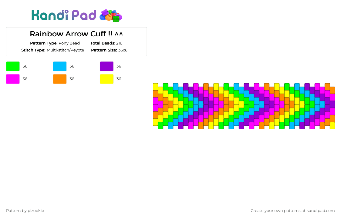 Rainbow Arrow Cuff !! ^^ - Pony Bead Pattern by pizookie on Kandi Pad - light blue,pink,yellow,colorful,rainbow,arrow,multistitch,simple,scene,scenecore,scene kid,emo
