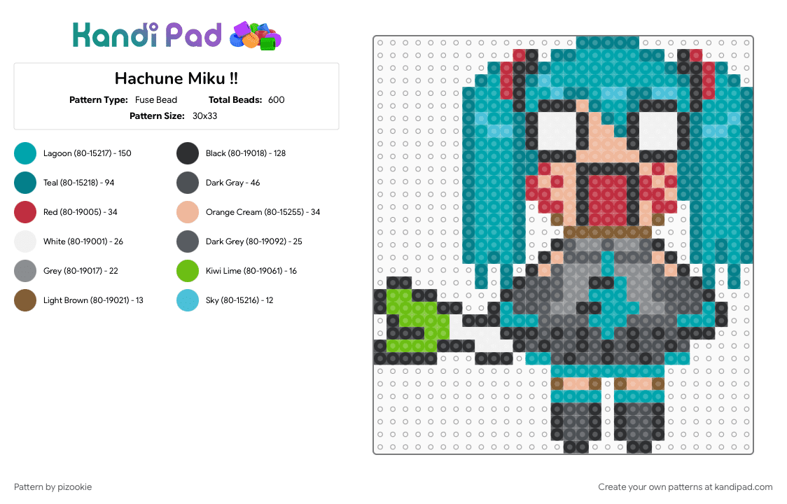 Hachune Miku !! - Fuse Bead Pattern by pizookie on Kandi Pad - anime, cotdworldmusic, gray, hatsune miku, kawaii, miku, music, silly, teal, vocaloid