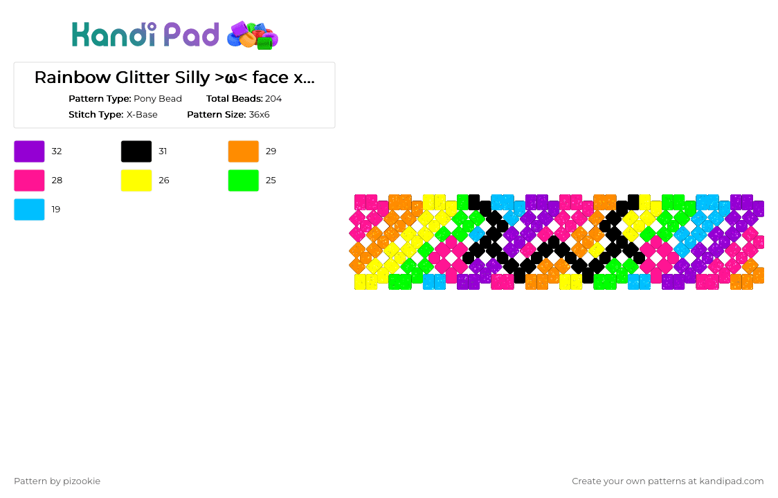 Rainbow Glitter Silly >ω< face xbase cuff !! - Pony Bead Pattern by pizookie on Kandi Pad - pink,orange,purple,scene,scenecore,scene kid,emo,rainbow,glitter,silly,face