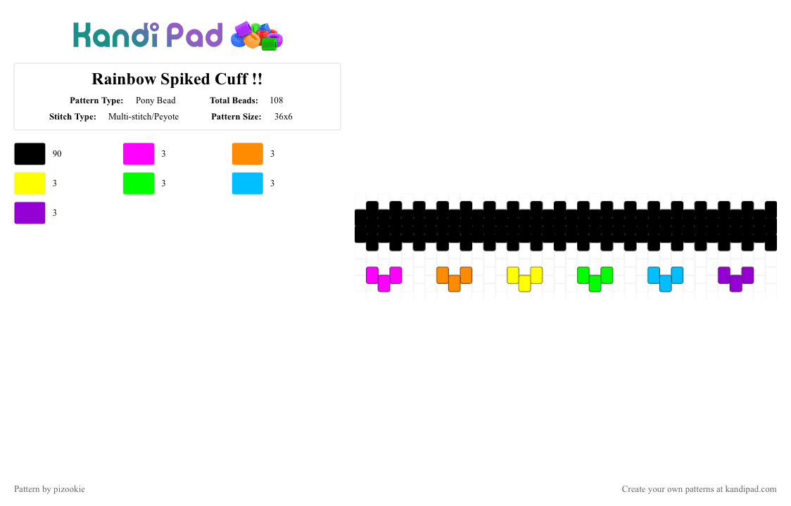 Rainbow Spiked Cuff !! - Pony Bead Pattern by pizookie on Kandi Pad - black,orange,green,purple,colorful,rainbow,spiky,multistitch,scene,scenecore,emo,scene kid