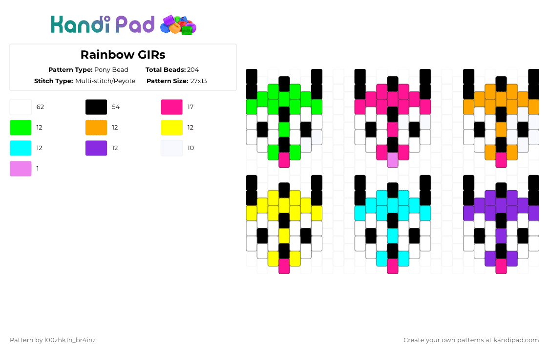 Rainbow GIRs - Pony Bead Pattern by pizookie on Kandi Pad - white,pink,orange,light blue,colorful,gir,invader zim,rainbow,scene,scenemo,emo,charms,charm