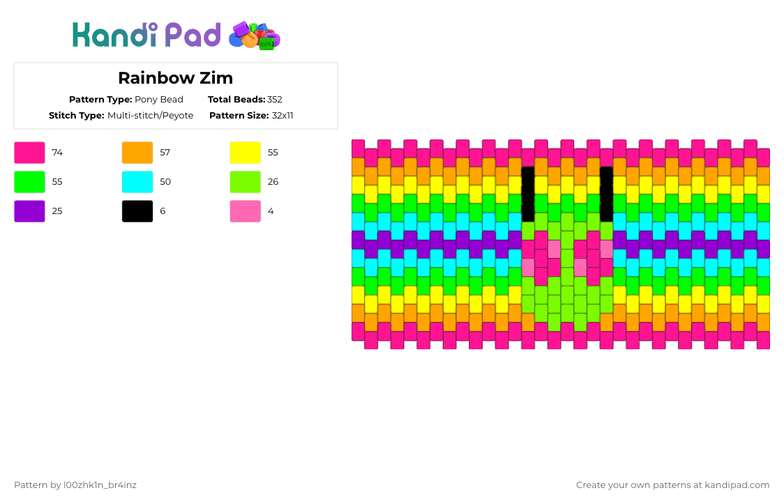 Rainbow Zim - Pony Bead Pattern by pizookie on Kandi Pad - pink,orange,yellow,green,zim,invader zim,jhonen vasquez,jhonen v,scene,scenemo,scenecore,rainbow