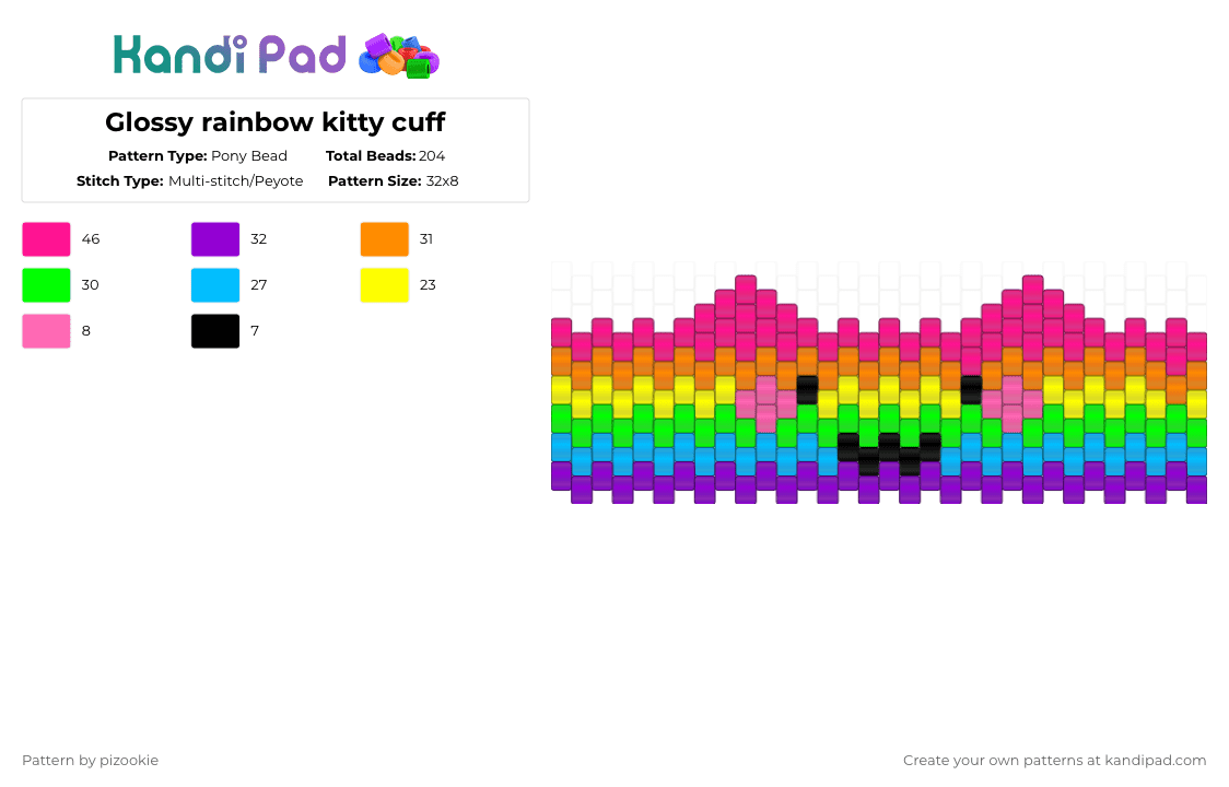 Glossy rainbow kitty cuff - Pony Bead Pattern by pizookie on Kandi Pad - pink,orange,green,purple,cotdglossy,kitty,cat,rainbow,glossy,cute,multistitch,cuff