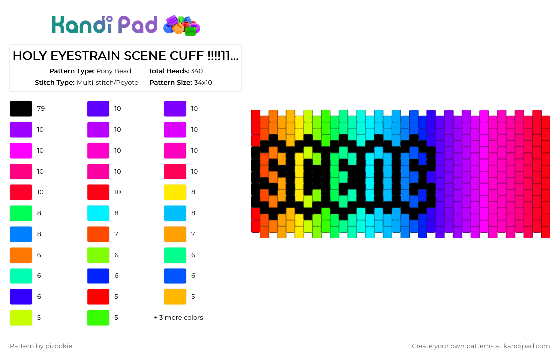 HOLY EYESTRAIN SCENE CUFF !!!!111!!!! xD - Pony Bead Pattern by pizookie on Kandi Pad - colorful, emo, gradient, light blue, neon, pink, purple, rainbow, red, scene, scene kid, scenecore