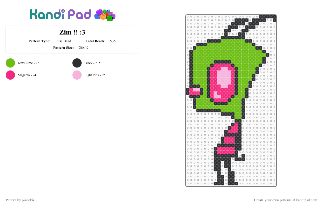 Zim !! :3 - Fuse Bead Pattern by pizookie on Kandi Pad - green,pink,zim,invader zim,irken,scene,scenecore,scene kid,emo