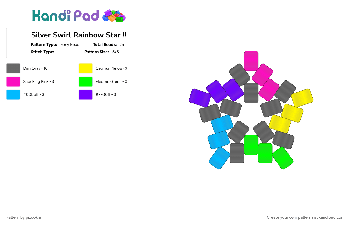 Silver Swirl Rainbow Star !! - Pony Bead Pattern by pizookie on Kandi Pad - colorful, cotdsilver, emo, gray, neon, scene, scene kid, scenecore, stars