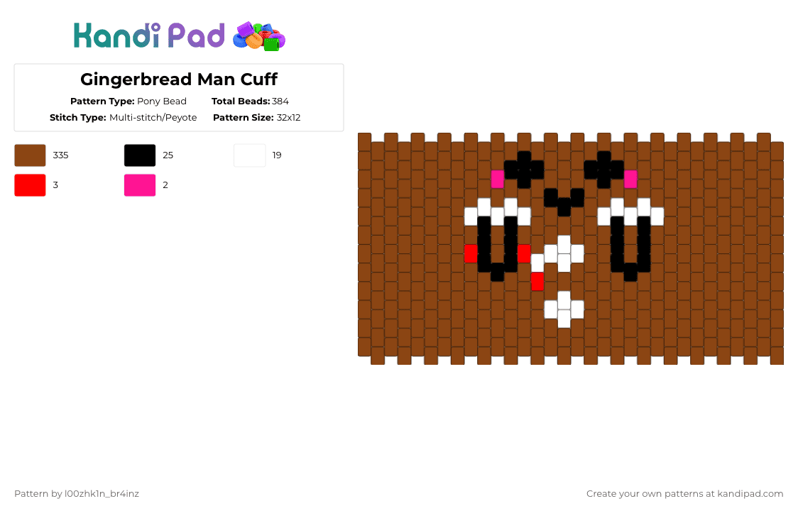 Gingerbread Man Cuff - Pony Bead Pattern by pizookie on Kandi Pad - red,cotdchristmas2025,gingerbread,gingerbread man,christmas,kawaii,cute,brown,cuff