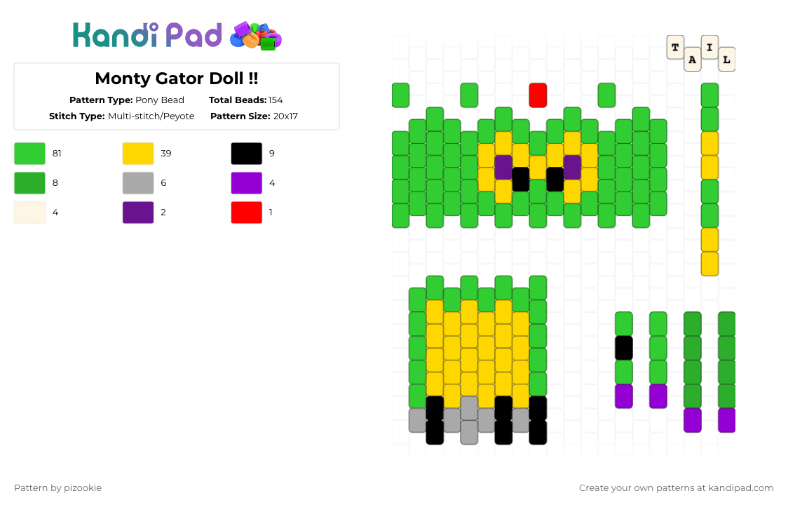 Monty Gator Doll !! - Pony Bead Pattern by pizookie on Kandi Pad - green,yellow,fnaf,fnaf security breach,five nights at freddys,doll,monty gator,monty,montgomery,montgomery gator