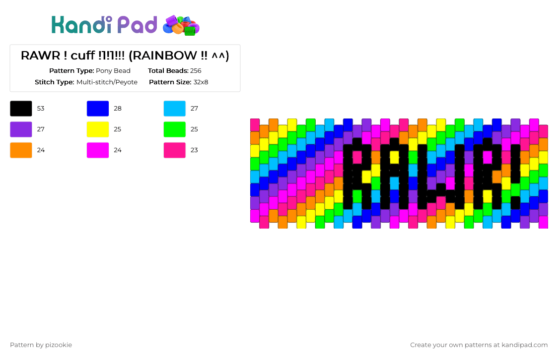 RAWR ! cuff !1!1!!! (RAINBOW !! ^^) - Pony Bead Pattern by pizookie on Kandi Pad - pink,purple,scene,scenecore,scene kid,emo,neon,colorful,myspace,rainbow