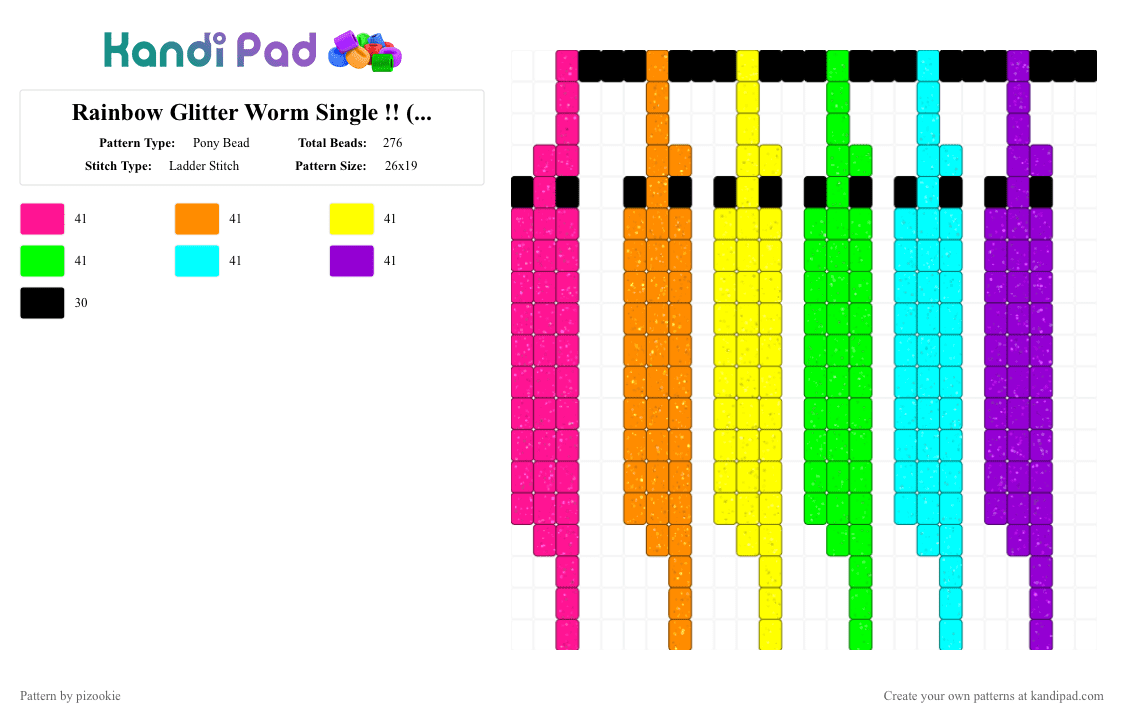 Rainbow Glitter Worm Single !! (READ THE DESC) - Pony Bead Pattern by pizookie on Kandi Pad - orange,green,purple,colorful,scene,scene kid,scenecore,emo,glitter,rainbow,worms,black