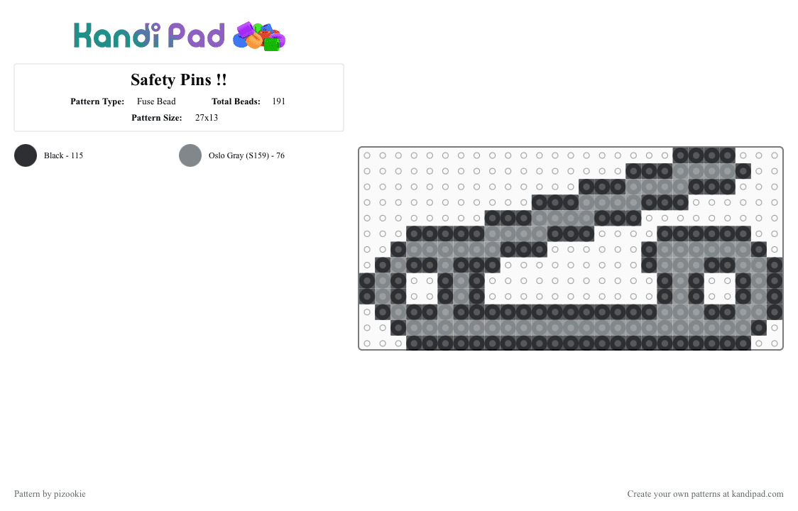 Safety Pin !! - Fuse Bead Pattern by pizookie on Kandi Pad - black,gray,cotdpins,pin,pins,safety pins,sharp,emo,object