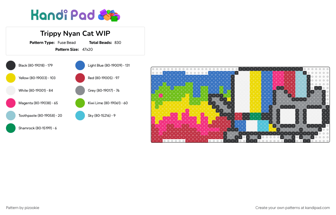 Trippy Nyan Cat WIP - Fuse Bead Pattern by pizookie on Kandi Pad - blue, gray, red, yellow
