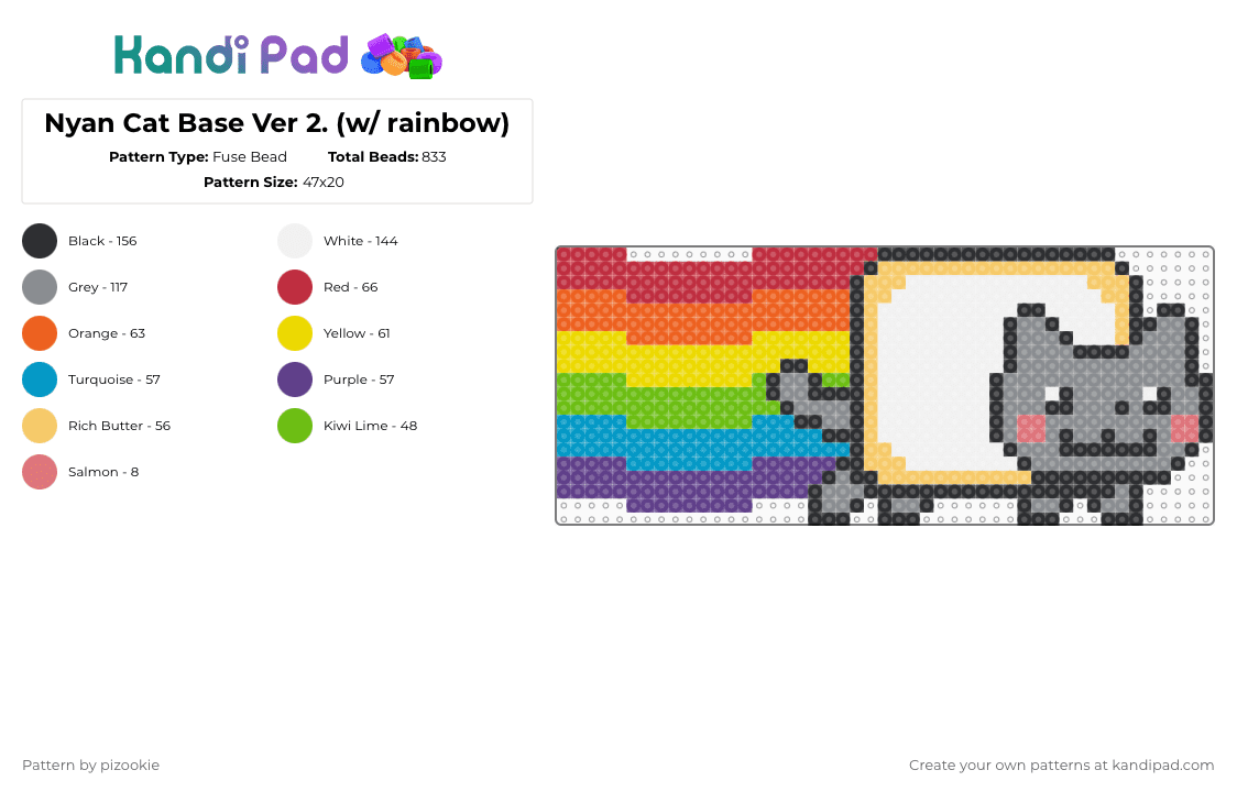 Nyan Cat Base Ver 2. (w/ rainbow) - Fuse Bead Pattern by pizookie on Kandi Pad - gray,red,yellow,scene kid,emo,scene,cat,nyan cat,pop tart,rainbow,meme